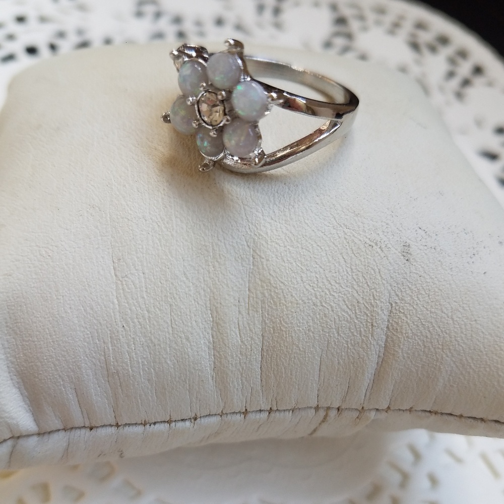 White Fire Opal Silver Tone Ring